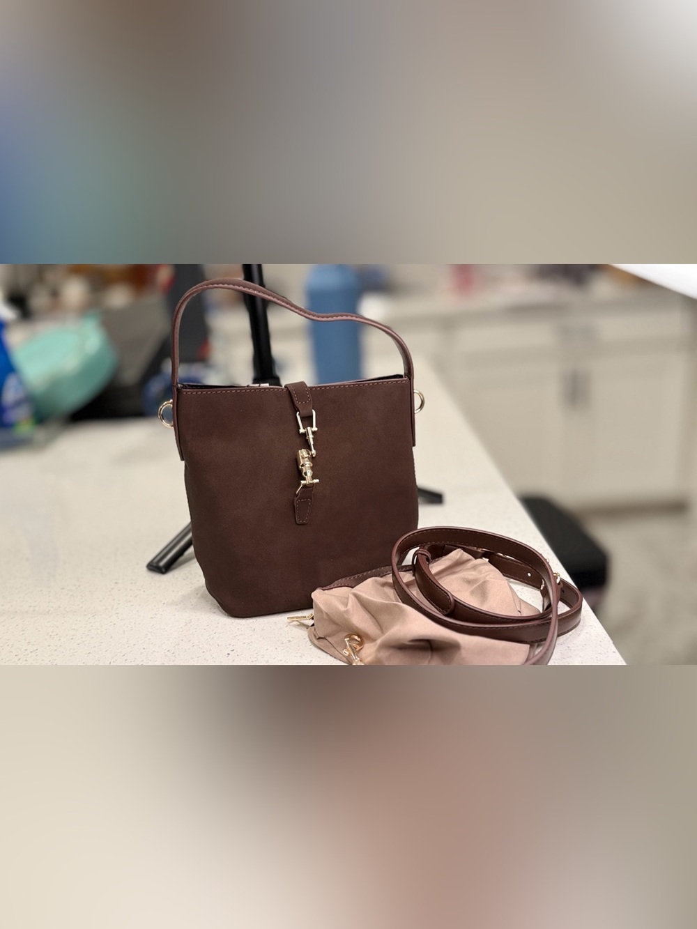 BOSTANTEN Coffee Brown Suede Small Bucket Bag Crossbody NWT gold hardware
